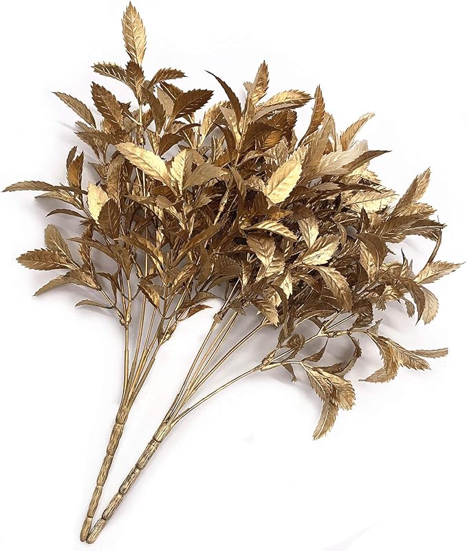 CATTREE Artificial Golden Plants for Christmas Decor, Fake Plastic Floral Faux Flowers Shrubs Simulation Bushes Indoor Outdoor Wedding Party Hall Office Table DIY Decoration - Gold Leaves 4 Pack