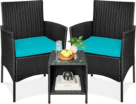Best Choice Products 3-Piece Outdoor Wicker Conversation Bistro Set, Space Saving Patio Furniture for Garden w/Side Table - Black/Teal