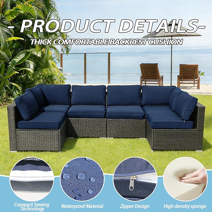 Patio Furniture Cushions,14Pieces Water-Resistant Outdoor Replacement Cushions,Sectional Sofa Cushions for Fits 6-Seats Rattan Wicker Patio Conversation Sets(Dark Blue)