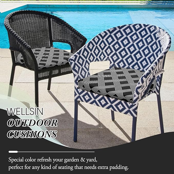 Wellsin Outdoor Chair Cushions for Patio Furniture - Patio Chair Cushions Set of 2 - Water Resistant Round Corner Outdoor Seat Cushions 17"X16"X2", Black Geometry