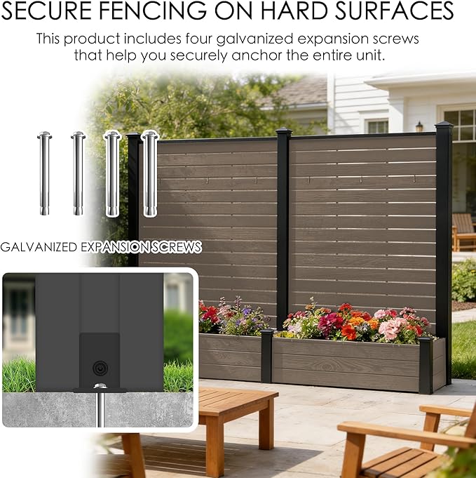 Kozyard 2Pack Privacy Screen with Planter, 70" H x 51" W Outdoor Garden Screen, Waterproof Aluminum Frame with Thick Wood-Plastic Boards, Decorative Privacy Screen for Patio, Balcony & Backyard Beige