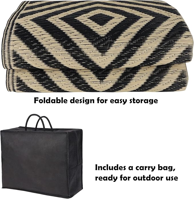 Reversible Mats, Outdoor Patio Rugs, Plastic Straw Rug, Modern Area Rug, Floor Mat for Outdoors, RV, Patio, Backyard, Deck, Picnic, Beach, Trailer, Camping (Diamond Black & Beige, 5' x 8')