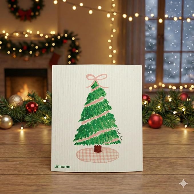 Christmas Holiday Swedish Dishcloth, Reusable Paper Towel, Super Absorbent Cellulose Sponge, Washable Kitchen Cleaning Cloth (Gingham Holiday Tree - 1 Pack)