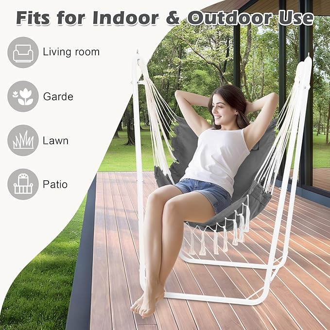 Hammock Chair with U Shape Stand, Cotton Swing Chair with Side Pocket, Heavy-Duty Metal Frame with Hanging Seat, Multi-Functional Swing Stand for Indoor and Outdoor Patio Yard Garden (WhiteGray)