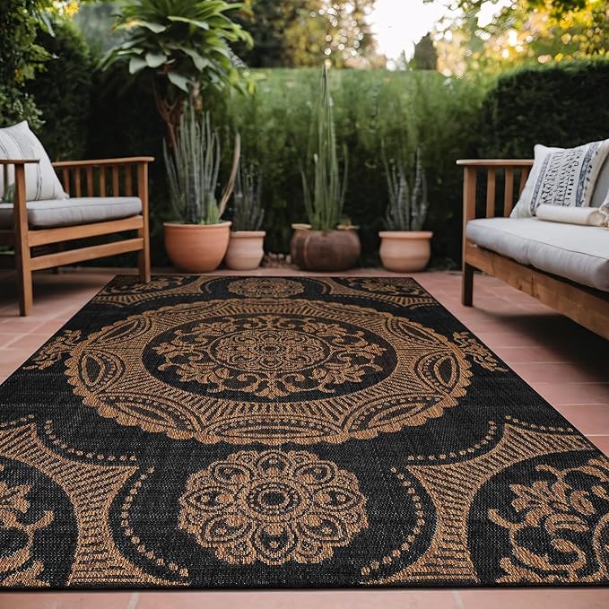 Medallion Outdoor Rug 6x9 Washable Outside Carpet for Indoor Patio Porch Waterproof Easy Cleaning Non Shedding Area Rugs Nut Brown 6 x 9