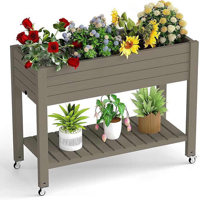 Raised Garden Bed with Legs, 33.66" Tall Self-Watering Resin Planter Box with Lockable Wheels Drainage Plug and Gauge for Vegetables, Flowers, Storage Shelf for Tools and Accessories (Grey)