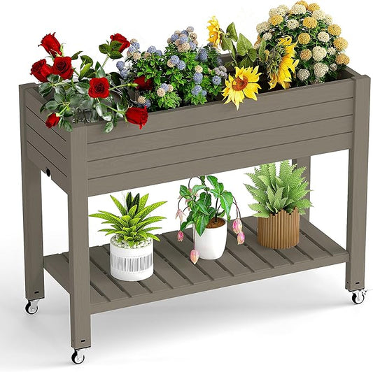 Raised Garden Bed with Legs, 33.66" Tall Self-Watering Resin Planter Box with Lockable Wheels Drainage Plug and Gauge for Vegetables, Flowers, Storage Shelf for Tools and Accessories (Grey)
