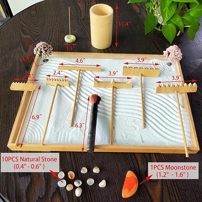 Zen Garden Rake Tool Accessories - Japanese Sand Zen Bamboo Rakes Tools Set, Office Relaxation Gifts with Healing Stones Zen Garden Decor for Man Woman Father Mother Birthday Gifts