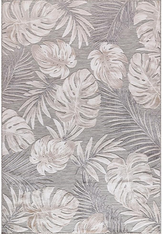 CAMILSON Indoor Outdoor Rug, Beige 9’x12’ Leaf Tropical Botanical Area Rugs for Indoor and Outdoor patios, Easy-Cleaning Non-Shedding Living Room, Garden and Kitchen Washable Outside Carpet (9x12)