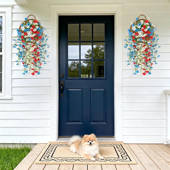 Artificial Hanging Petunias Flowers for Outdoor, 8pcs Fake Plants Long Vine Morning Glory Eucalyptus, UV Resistant Realistic Faux Greenery Outside Patio Porch Garden Spring Decor, Red Blue White