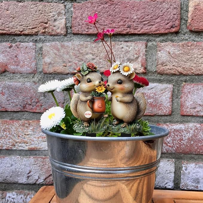 Cute Squirrels Garden Stake Decor, 2D Flat Stained Acrylic Animal Sign, Small Animal Ornament Indoor Outdoor Yard Lawn Pot Plant Decorative Accessories