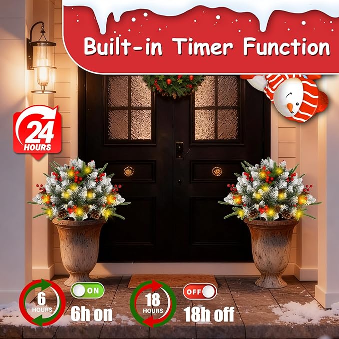 JOYHALO 2 Pack Set 22Inch Christmas Urn Filler with 40 Warm White Lights, Christmas Pot Fillers with White PVC&PE Branches, Outdoor Christmas Trees for Porch Pathway Entryway Yard Decorations
