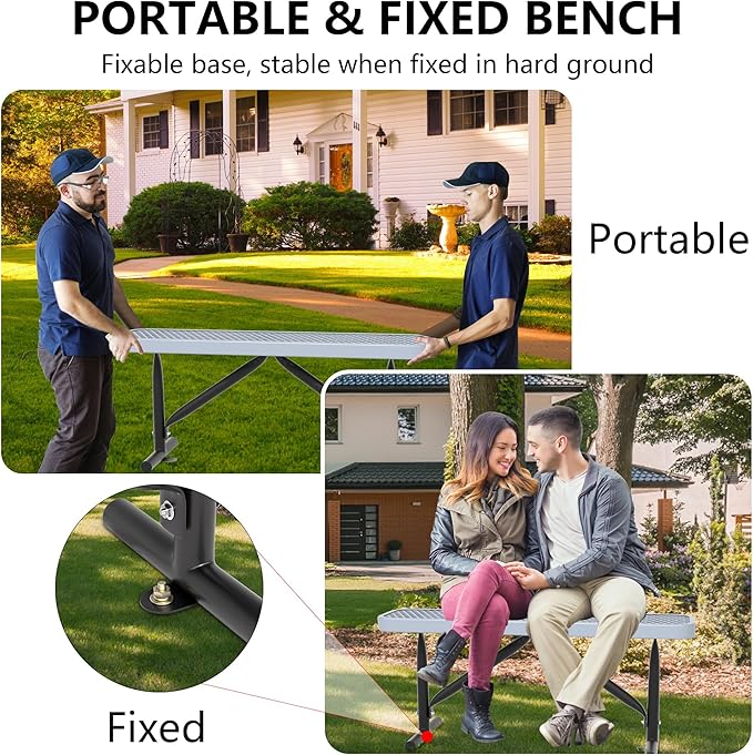 4 Feet Heavy Duty Metal Park Bench for Outside, Outdoor Bench with Portable Frame, Commercial Benches for Shopping Mall, Store, Park, Patio, Deck, Grey