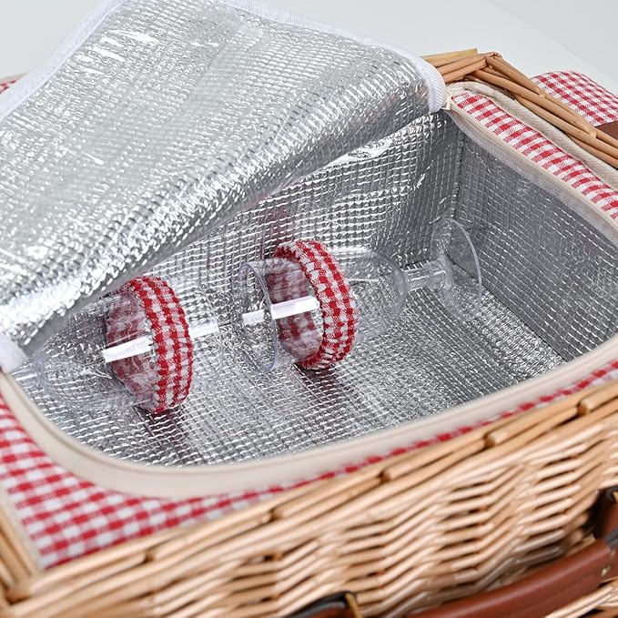 Multifunctional Wicker Picnic Basket Set for 2 with Blanket and Picnic Table, Insulated Picnic Set with Full Tablewares for Camping Outdoor Couples, Gingham