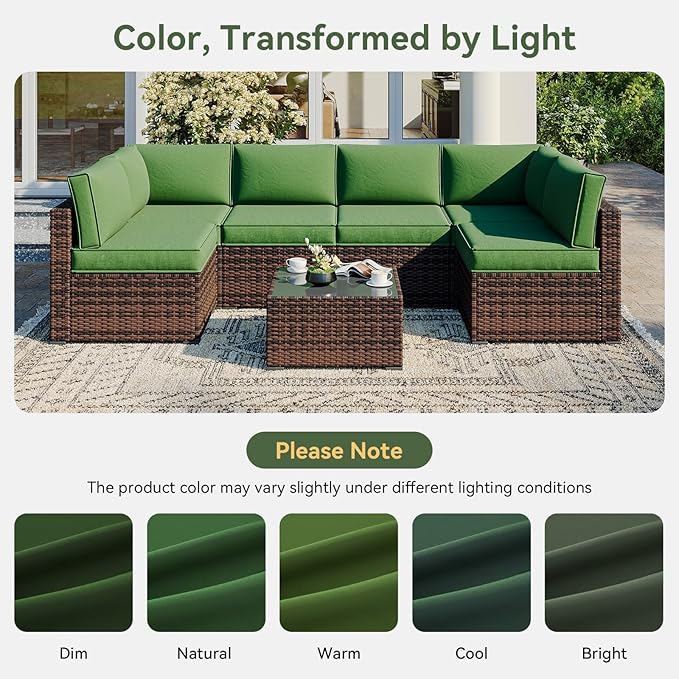 Aoxun Outdoor Replacement Cushions for Patio Furniture, Waterproof Sofa Cushion for 6-Seat Rattan Wicker Sectional Patio Conversation Sets, 14-Piece Cushions Set for L-Shape Couch, Green | Breathable Fabirc, Non-slip Bottom, Removable Cover, Bullhorn B...