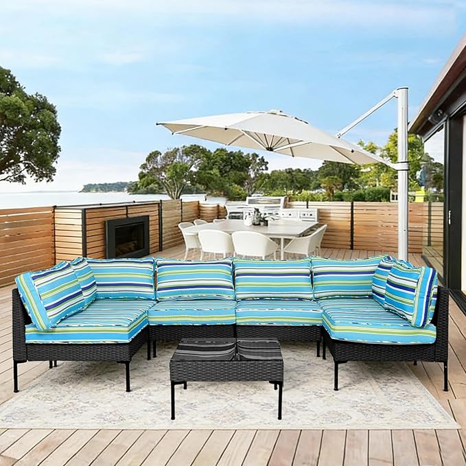 Patio Furniture Cushions, 14 Pieces Water-Resistant Outdoor Replacement Cushions, Sectional Sofa Cushions for 6-Seats Rattan Wicker Patio Conversation Sets (Aurora Colours)
