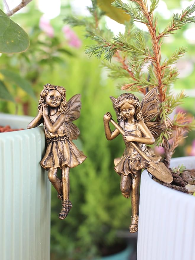 2-Pieces Asymmetrical Flower Fairy Pot Clip Pair, Vintage Bronze Finish Resin Garden Decor for Patio Planters, Outdoor Container Accent Statues