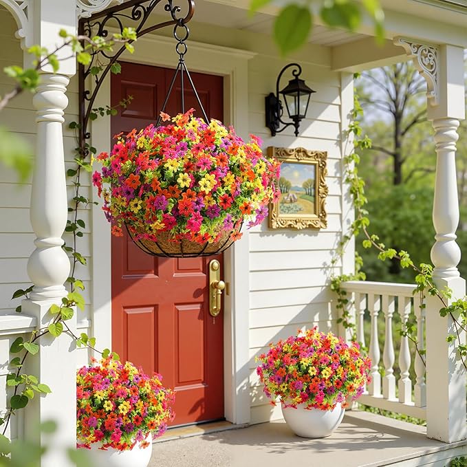 SHareconn 24 Bundles Artificial Flowers for Outdoors Spring Decoration, Fake Silk Realistic Faux Plants UV Resistant for Outside Planter Porch Patio Summer Indoor Decor, RedRosePurpleYellowOrange