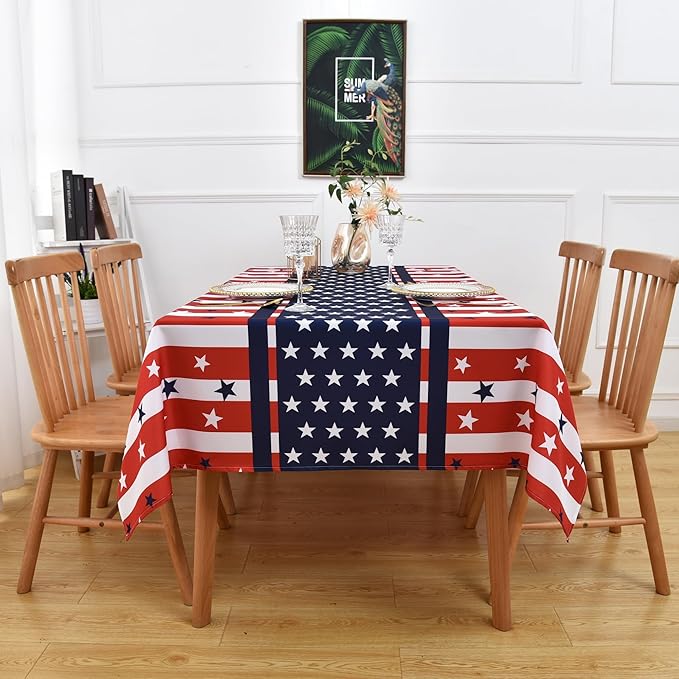USA Gingham Patriotic Tablecloth Fabric - Rectangular 58x102 Inch Water Resistant Checked Table Cloth for Indoor/Outdoor Use - Table Cover for Kitchen, Picnics, Gardens, and Parties
