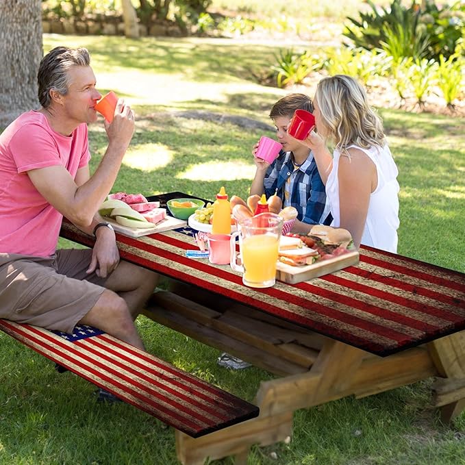 Picnic Table Cover with Bench Covers Elastic Edges, American Flag Fitted Table Cover, Outdoor Patio Camping Essentials 72 Inch 3PCS, Waterproof Camping Fitted Tablecloth with Drawstring Bag