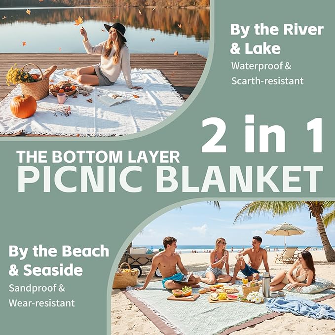2 in 1 Extra Large Outdoor Picnic Mat Woven Summer Throw Blanket Boho Giant Beach Travel Essential Yoga Accessories Park Patio Lawn Garden Grass Ground Play Music Festival Concert Must Have