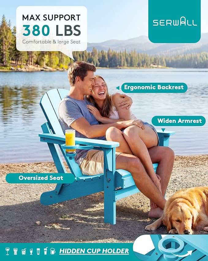 SERWALL Folding Adirondack Chair Weather Resistant Patio Chair Outdoor Chairs Set of 6 Painted Adirondack Chairs - Light Blue