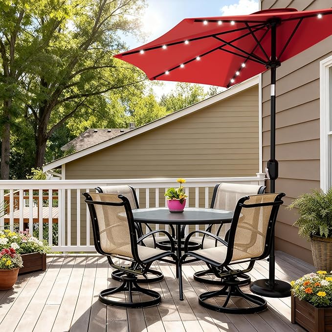 Garvee Patio Umbrella 9FT - Half Umbrella Outdoor with Solar LED Lights and Smooth Crank Lift, Outdoor Shade Canopy for Patio, Backyard, Garden, Deck, Balcony -Red