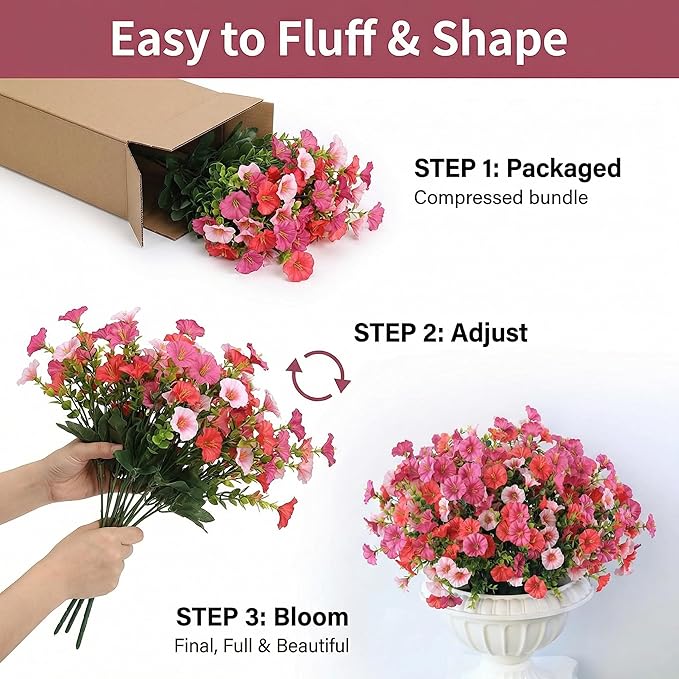 12Pcs Artificial Outdoor Flowers for Outdoors, Faux Silk Realistic Morning Glory Floral Arrangement Planter UV Resistant for Porch Patio Window Box Balcony Garden Decor (12pcs Mixed Pink)