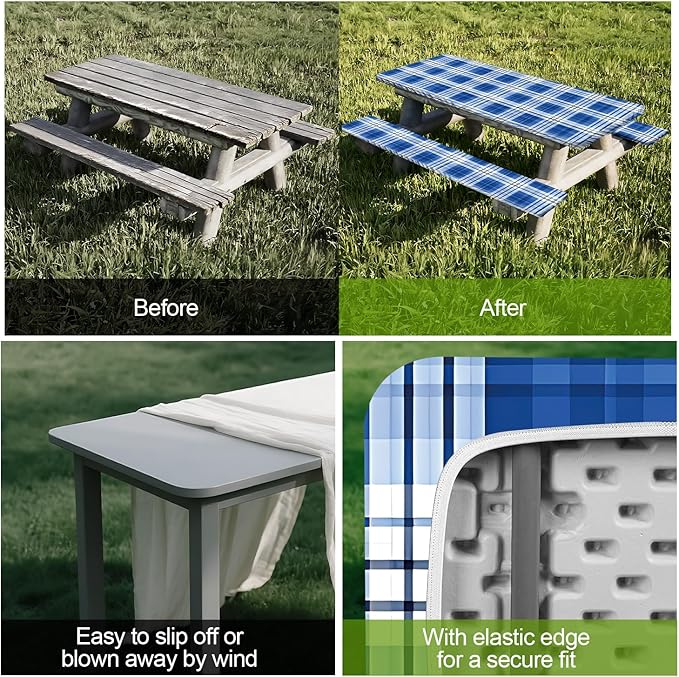 Picnic Table Cover with Bench Covers Set of 3 - Traditional Checkered Dark Blue Plaid Tablecloth, Elastic Fitted for 6 Ft Tables, Washable Polyester Cover for Camping, Indoor & Outdoor