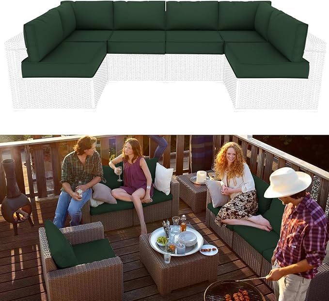 Outdoor Sectional Cushions Replacement Set, 26x26in Patio Furniture Cushions, 14 Pieces Waterproof Outdoor Couch Cushion for 6 Seat Wicker Conversation (Dark Green)