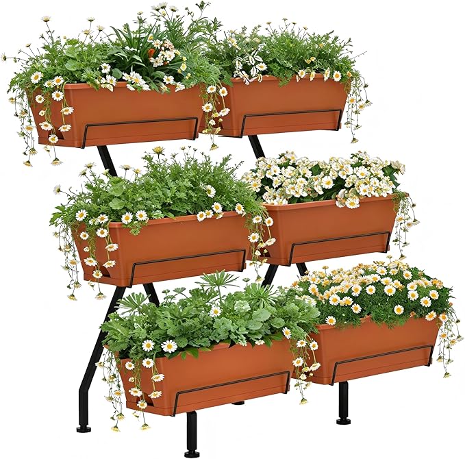 Vertical Garden Planter 3 Tier Vertical Raised Garden Bed Standing Garden Planters with 6 Container Boxes Elevated Garden Planters Indoor Outdoor Herb Planter for Flowers Vegetables Plants, Brick Red