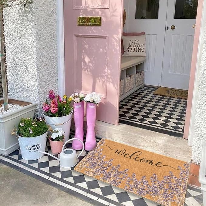 Lavender Welcome Door Mat Outside Entrance for Front Door, Indoor, Outdoor, Entryway, 17x30 Faux-Coir Spring Purple Floral Non-Slip Dirt-Trapping Thin Porch-Rug for Garden, Patio