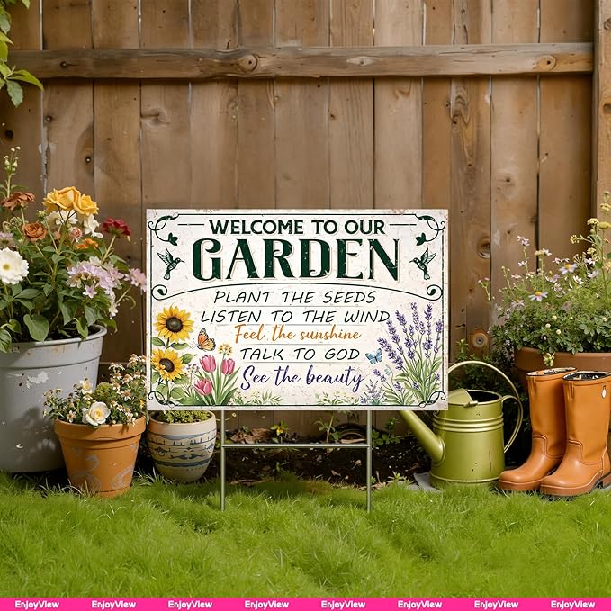 Funny Garden Sign with H Stake 18"x12" Big Vintage Sign for Outside Greenhouse Corrugated Plastic Yard Decor Gardening Gifts for Women " WELCOME TO OUR GARDEN"