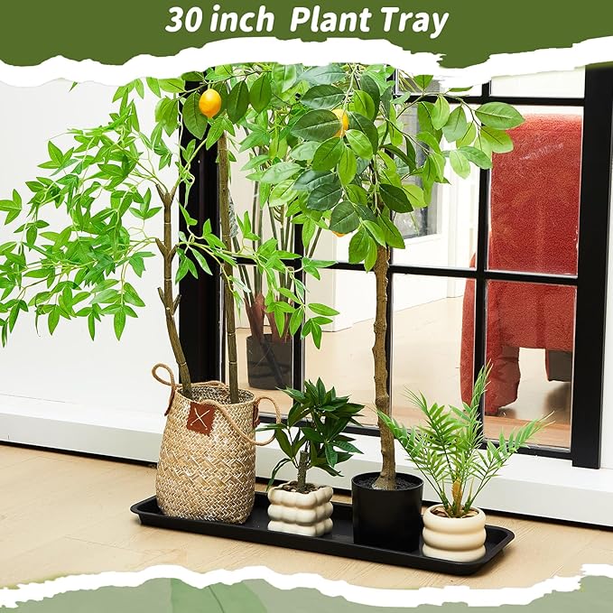 4 Pack Black 30 x 9.8 x 1.2 Inch Rectangle Plant Saucer Large Plastic Plant Tray Water Drip Trays for Windowsill Flower Pot Planter Drainage Germination Garden Outdoor Indoor Use