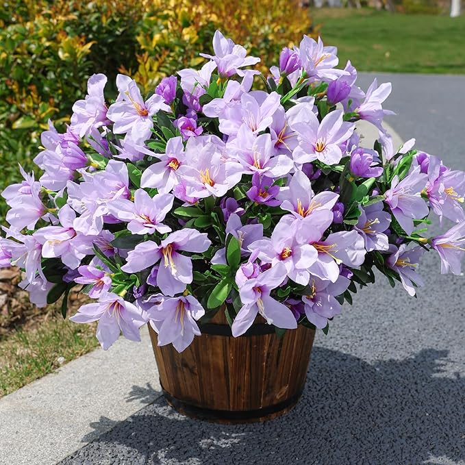 INSPRING Artificial Fake Flowers for Outdoors Spring Summer Decor, Faux Azalea Plants 3 Bundles Silk Flowers UV Resistant Realistic Outdoor Flower for Planters Porch Patio Garden Window Walkways Home