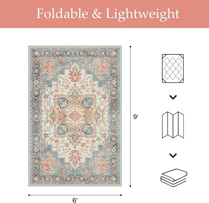 GENIMO Outdoor & Indoor Area Rug 6'x9', Waterproof, Non-Shedding, Easy Cleaning, Boho Mat for Patio, Living Room, Balcony, Dining Room, RV, Deck, Bedroom, Camping, Outside Carpet,Blue Salmon