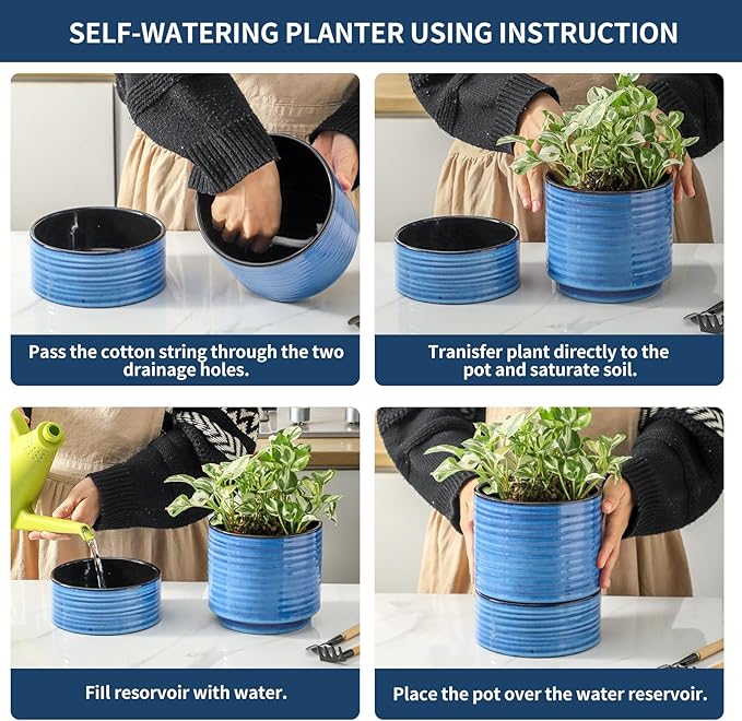 HASENSE Ceramic Self Watering Pots for Indoor Plant, 6 Inch Planter with Drainage Hole & Water Storage Saucer for Indoor & Outdoor Plants, Reactive Glaze Blue