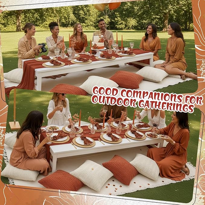 91 x 71 Extra Large Outdoor Boho Picnic Blanket with Terracotta Table Runner, 6 Throw Pillow Covers 6 Napkins Woven Cotton Yarn Oversize Beach Blanket Washable Picnic Camp Wedding