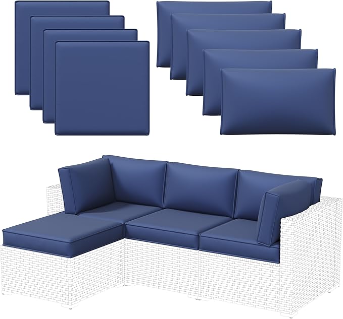 Aoxun Outdoor Replacement Cushions for Patio Furniture, 4'' Water-Repellent Sofa Cushion for 4-Seat Rattan Wicker Sectional, Deep Seats & Fade Resistant (9-Piece, Navy)