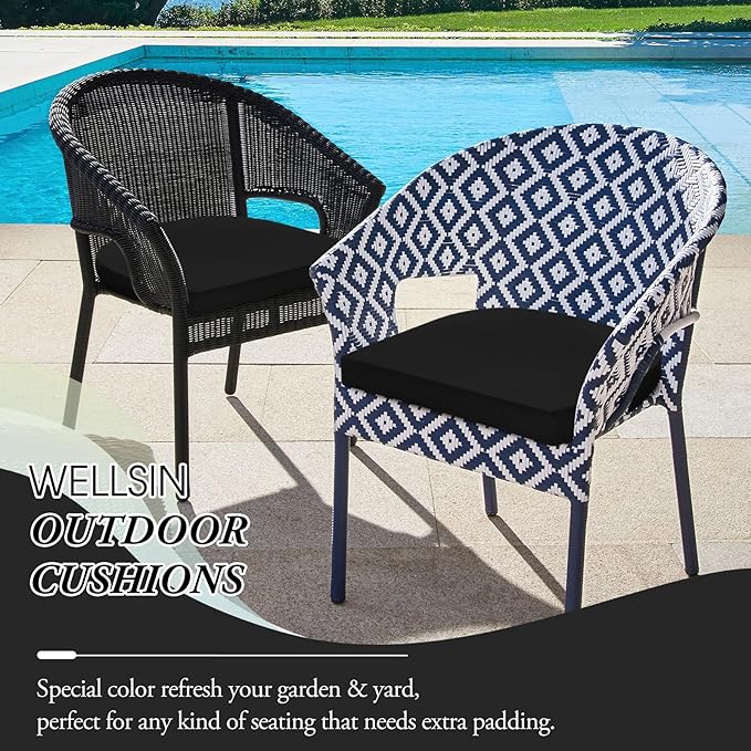 Wellsin Outdoor Chair Cushions for Patio Furniture - Patio Chair Cushions Set of 4 - Water Resistant Round Corner Outdoor Seat Cushions 17"X16"X2", Black