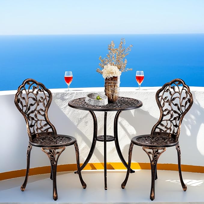 Outvita Patio Table and Chairs Set, Cast Aluminum Outdoor Cafe Table and Chairs Set of 3, Stability Patio Bistro Sets for Garden, Patio, Balcony, Leaf Pattern Bronze
