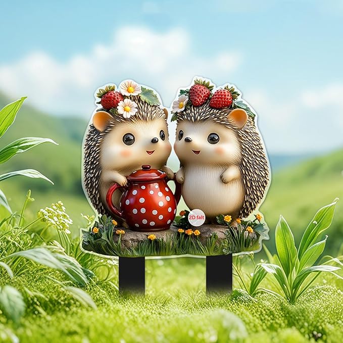 Cute Hedgehogs Garden Stake Decor, Stained Acrylic 2D Flat Animal Sign, Small Animal Ornament Indoor Outdoor Yard Lawn Pot Plant Decorative Accessories