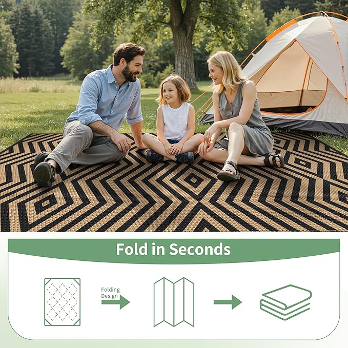 GENIMO Outdoor Rug for Patio Clearance, 6'x9' Reversible Plastic Straw Rugs, Lightweight Waterproof Modern RV Camping Mat for Camper, Balcony, Deck, Backyard, Picnic, Black Brown