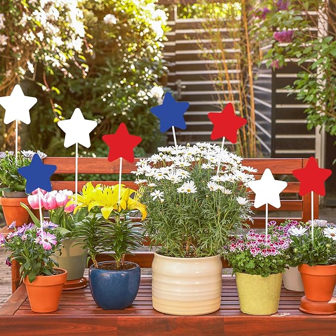 JarThenaAMCS 9Pcs Patriotic Star Metal Planter Stakes 4th of July Star Decorative Garden Stakes Red Blue White Yard Sign for Planter Pot Walkway Lawn Independence Day Decor