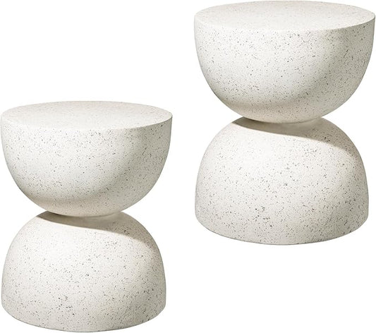 Glitzhome Outdoor Side Tables Set of 2, Heavy Duty Patio Sturdy Faux Terrazzo Decorative Garden Stool Planter Stand for Indoor Covered Outdoor, 17.75" H, White