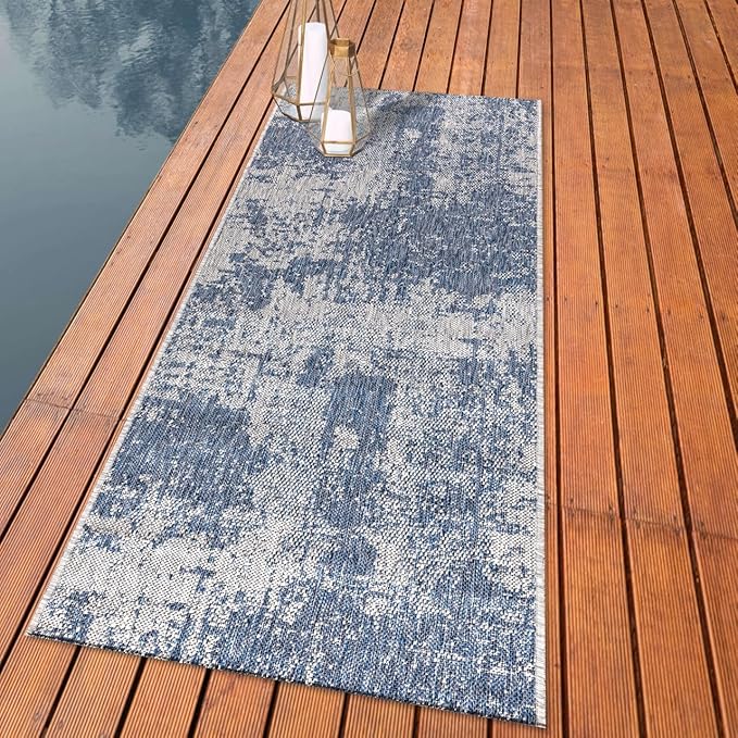 Keen Home Design Terrace Outdoor Runner Rug - 26"x119" Washable Indoor/Outdoor Rug for Patio, Kitchen, Balcony, Beach, Garden, Deck and Porch, Size: 2'2" x 9'11", Abstract Navy