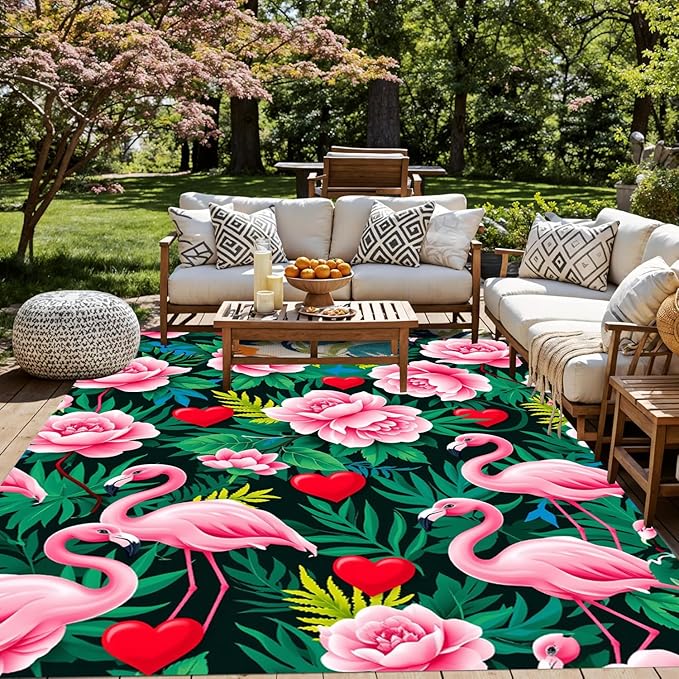 Tropical Flamingo Outdoor Rug 2x3 Emerald Green Pink Peony Flower Pattern Vibrant Floral Print Outside Rugs for Patio Balcony Deck Garden Modern Washable Waterproof RV Camping Backyard Mat