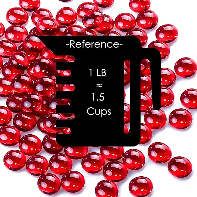 CYS EXCEL Red Glass Gemstone Beads Vase Fillers (1 LB) Flat Marble Beads Multiple Color Choices Aquarium Decor Rocks Floral Stones Decorative Mosaic Glass Gem Pebbles (Approx 85-100 PCS)