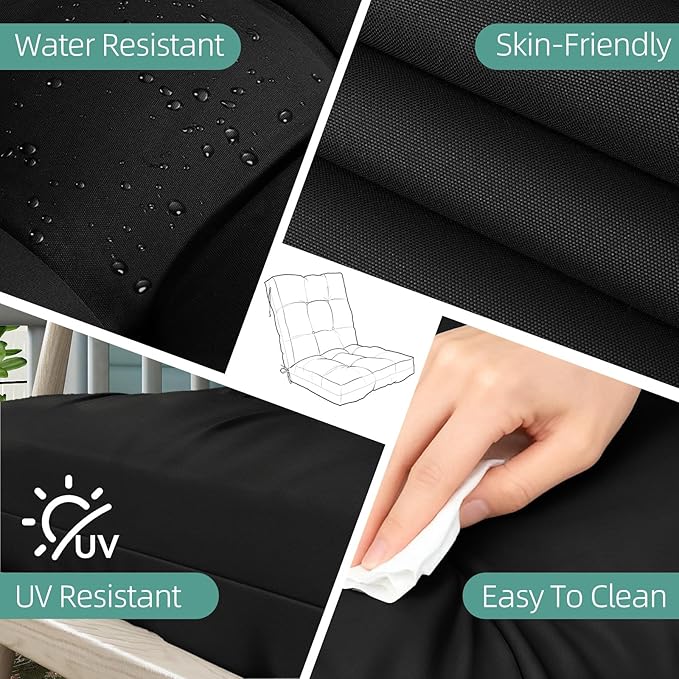 Outdoor Chair Cushion, 42x21x4 Inch Patio Cushions for Dining/Rocking Chairs, High Back Soft Seat Pad with Ties, Indoor Outside Use, Fade-Resistant & Waterproof, Black