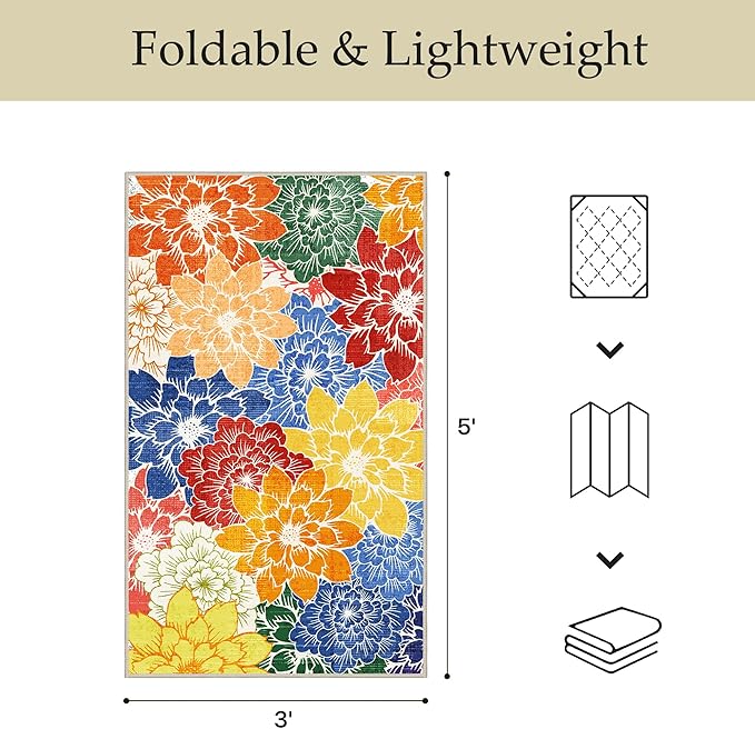 GENIMO Indoor Outdoor Area Rug for Entryway, 3'x5' Entry Rugs Door Mat, Machine Washable, Waterproof, Non-Slip, Easy Cleaning, Floral Outdoor Carpet for Patio Balcony Bedroom Kitchen Deck, Colorful